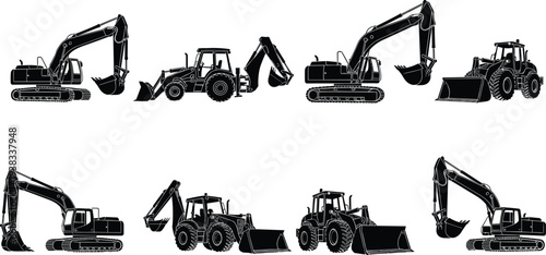 Excavator and backhoe loader silhouettes heavy construction machinery equipment vector collection isolated on white background for engineering and building industry