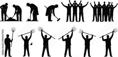 Farm worker silhouettes with pitchfork digging tools and celebrating labor team agriculture workers vector collection isolated on white background