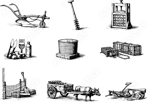 Vintage Engraving Traditional Farming Tools Ox Plough Auger Hand Mill Barrel Net Wagon Illustration