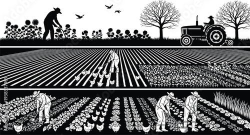 Farm landscape with farmers working tractor fields crops and livestock rural agriculture black vector illustration panoramic scene