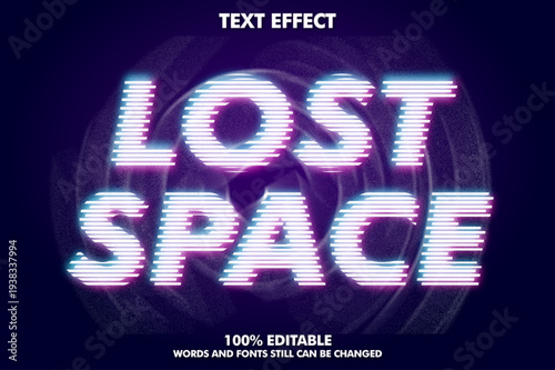 A purple and blue neon text effect with the words Lost Space in a futuristic style