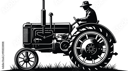 Farmer driving vintage tractor silhouette rural agriculture farming machinery vector illustration isolated on white background countryside farming concept