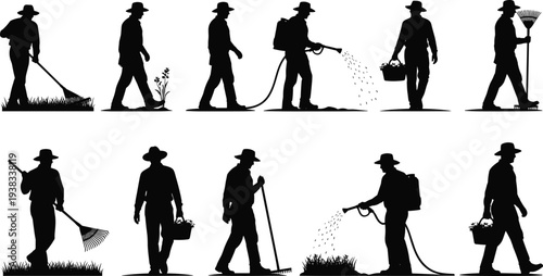 Gardener silhouettes collection with landscaping workers raking watering spraying and carrying plants black vector set isolated on white background