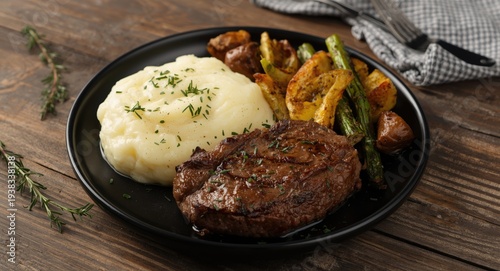 Delectable beef steak accompanied by creamy mashed potatoes and herb roasted vegetables on black plate copy space