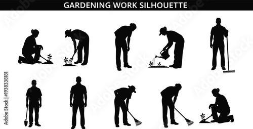 Gardening work silhouettes with gardeners planting watering and raking plants landscaping workers vector collection isolated on white background