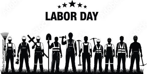 Labor Day celebration banner with diverse construction workers silhouettes holding tools honoring workforce unity black vector illustration isolated