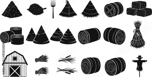 Hay bale straw stack barn scarecrow and farming tools silhouettes rural agriculture harvest vector collection isolated on white background