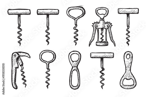 Collection of hand drawn corkscrews and bottle openers in various styles isolated on white, perfect for menus, restaurants and bar promotions.