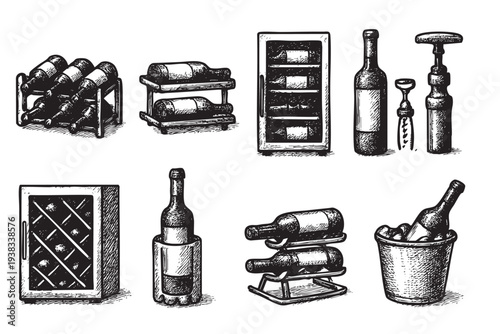 Hand-drawn illustration shows wine bottles in racks and coolers, with a corkscrew. Black and white sketch for barware, restaurant menus, or wine-related designs.