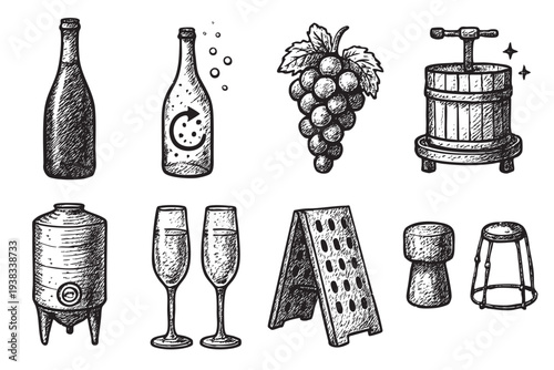 A hand-drawn sketch illustration features a wine bottle, grape cluster, wine press, fermentation tank, champagne glasses, sign, and corks isolated on white, creating a vintage aesthetic.