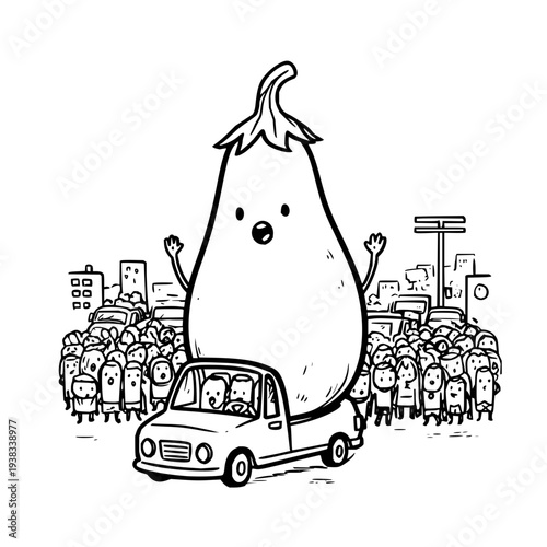 Cartoon pear character waving standing behind a car surrounded by a crowd of people in a city street scene illustration