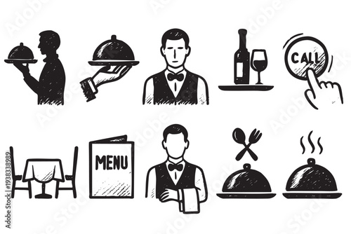A set of restaurant service icons featuring a waiter with food, a menu, and dining elements, showcasing the theme of fine dining. Black and white vector illustration.