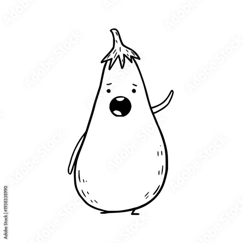 Quirky cartoon pear character with shocked expression simple black and white illustration isolated on white background
