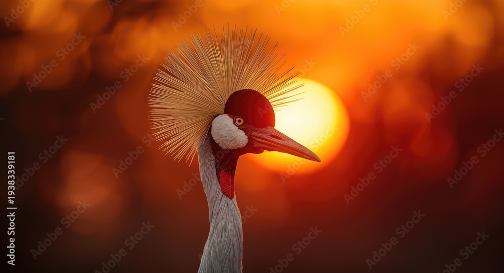 Obraz premium Beautifully poised crowned crane featuring a gold crown during a radiant sunset