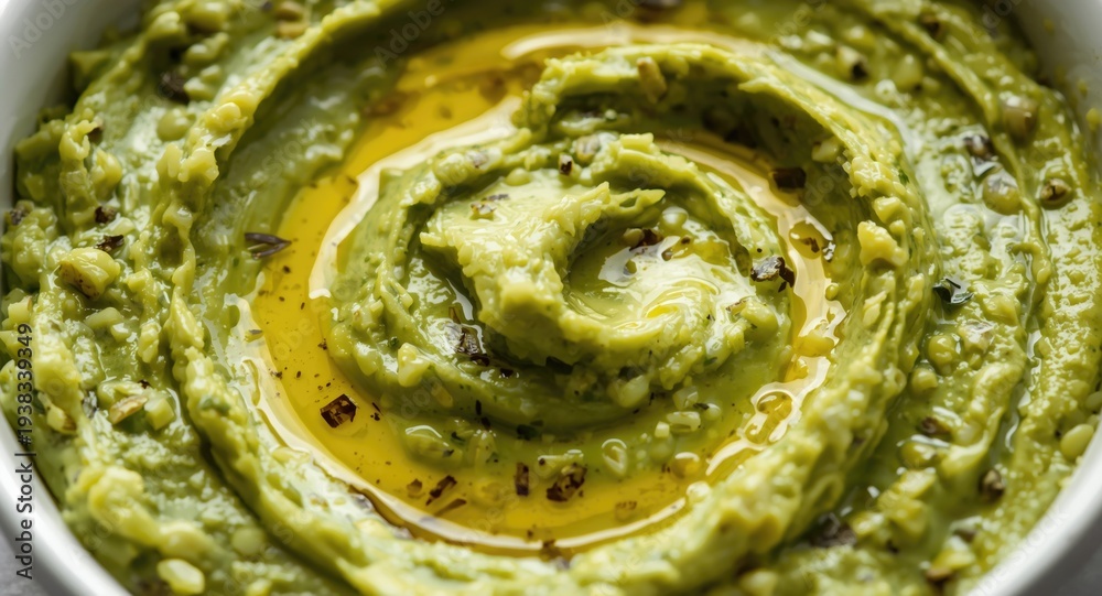 Obraz premium Delicious vegetarian avocado spread glistening with olive oil in focused presentation