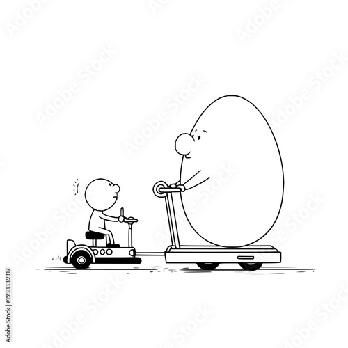 Cartoon character riding scooter while towing large egg on treadmill exercising simple black and white illustration humorous scene fitness concept
