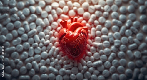 Macro top view photo of red heart enclosed by white pills illustrating antibiotic resistance effects on drug sector