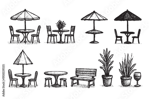 Black and white sketch showing outdoor furniture, including tables, chairs, benches, umbrellas, and plants, drawn in a hand-drawn style, perfect for backgrounds and patterns.