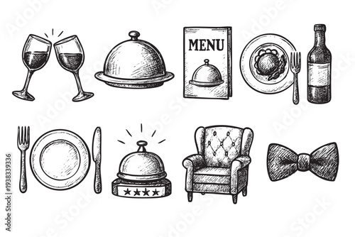 Hand-drawn vector set showcasing restaurant elements, including clinking wine glasses, food service, fine dining, and a comfortable armchair, all in a detailed sketch style.