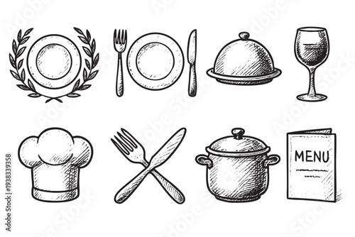 Hand-drawn black and white restaurant related icons including plate, cutlery, wine glass, menu, pot, and chef hat are sketched. Use for food industry promotions.