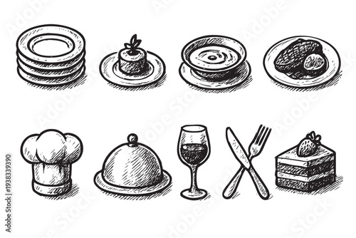 Black and white sketch illustration of a chef's hat, plates, wine glass, various plated foods, and cutlery, for use in restaurant marketing, menus, or food blogs.