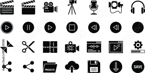 Collection of black and white video editing and production icons