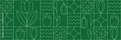 Spring Floral Geometric Pattern. Hand drawn illustration of Floral, icons, line design with simple shapes.