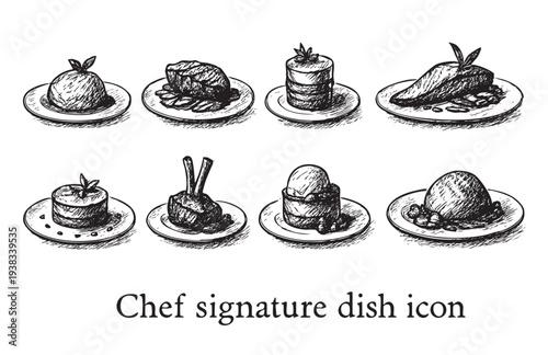 Graphic sketch illustration featuring a row of gourmet dishes on plates, emphasizing a chef's signature meals. Elegant and artistic presentation style.