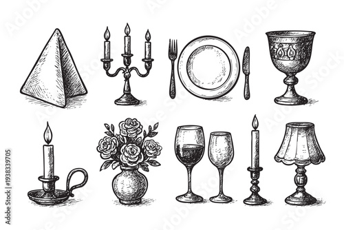 Hand-drawn sketch illustration of table setting elements including plate, silverware, candle, flowers and wine, with vintage, rustic, and elegant feel suitable for restaurants, invitations and designs