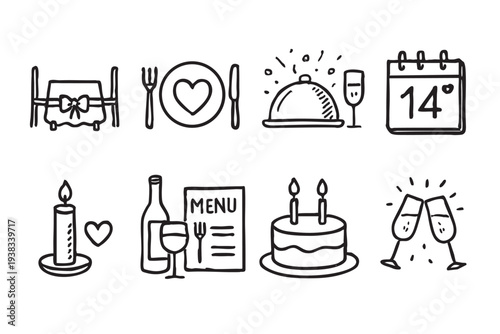 A collection of simple doodle icons illustrating a Valentine's Day romantic dinner theme, including a set table, dinner plate with heart, cake, and wine. Great for vector designs and holiday concepts.