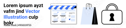 Online storefront with blue awning, shopping bags, security padlock icon, and placeholder text. Ideal for online shopping, e-commerce, cybersecurity, digital transactions, retail management online