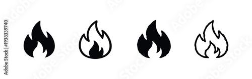 Fire Flame Icon Set in Black and White Doodle Style