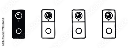 Smart Home Security Camera Icon Set in Black and White Doodle Style