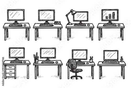 Hand-drawn illustration of varied desks with computers, office supplies and a chair, in a doodle style on a white background, suitable for presentations or office themed graphics.