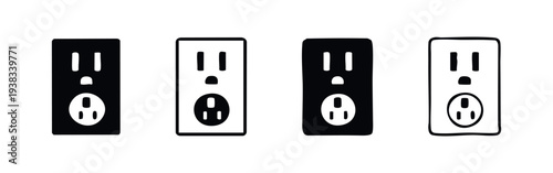 Electrical Outlet Socket Icon Set in Black and White Doodle Style