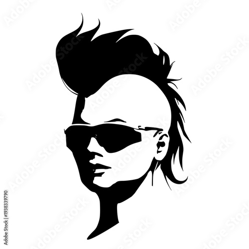 Portrait of beautiful woman in black sunglasses. Half turn view. Mohawk hair style.
