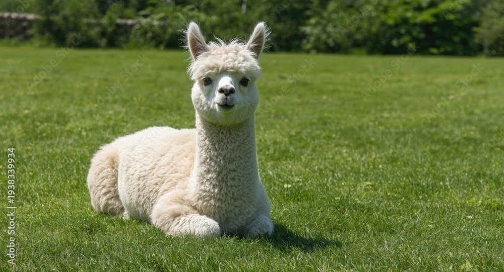 Obraz premium Charming alpaca pet playing on a sunny green lawn with vivid summer greenery