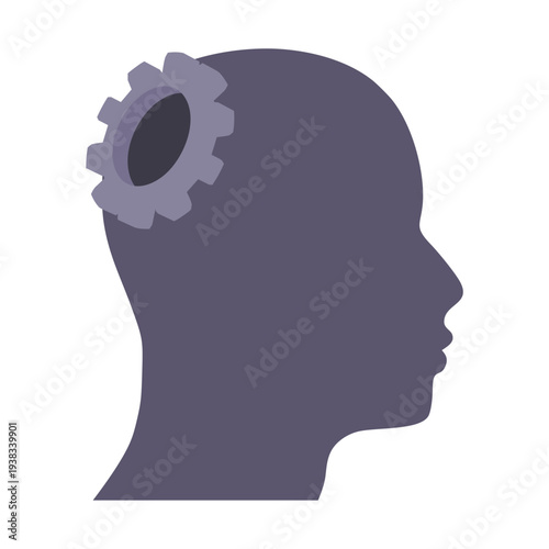 Human head with gear wheel. Productivity, effectiveness concept. Intelligence and knowledge development with brain performance. Open mindset.
