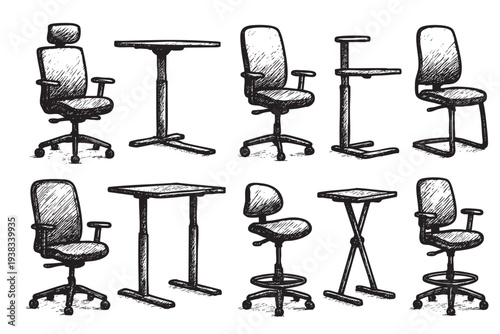 Hand-drawn style illustration of office chairs and desks in various designs in black and white, perfect for design mockups, office renovations, and furniture design concepts.
