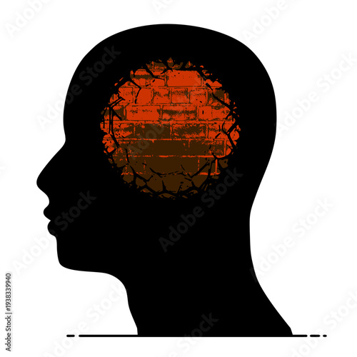 Male head. Psychological and mental health symbol of mental prison and restriction. Fixed mindset. Locked mind. Brick wall inside human head.