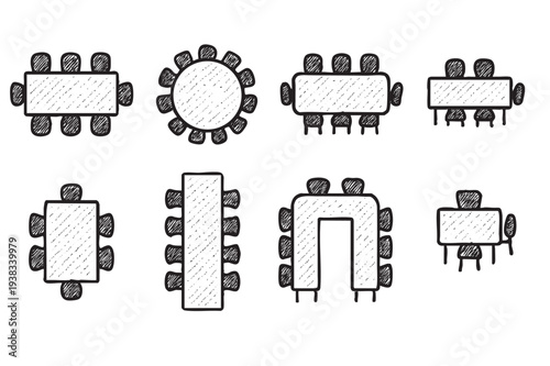 Hand-drawn illustration showing different table arrangements with chairs for meeting rooms or conference venues, including round, square, rectangular and U-shaped table shapes.