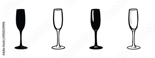 Set of black and outline champagne flute glasses on white background