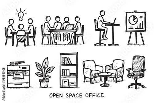 Hand drawn style illustration shows a modern open space office with people, desk, furniture, printer, meeting. Isolated on white, ideal for conceptual designs.