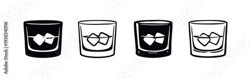 Set of whiskey glasses with ice cube icons in black and outline