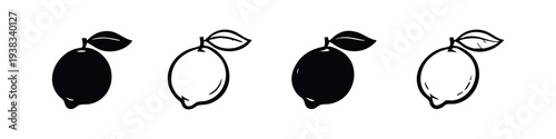Lemon fruit icons set. Citrus lemon with leaf silhouette and outline symbol collection.