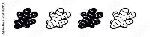 Stylized ginger root icons set. Fresh ginger rhizome silhouette and outline symbol collection.