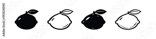 Organic lemon fruit icons set. Citrus lemon with leaf silhouette and outline symbol collection.