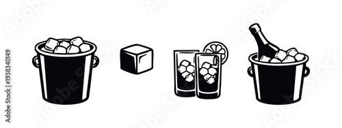 Bar and cocktail essentials icons collection. Ice bucket, glasses, and ice cube symbols.