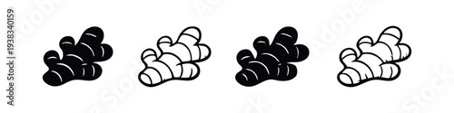 Ginger root icons set. Fresh ginger rhizome silhouette and outline symbol collection.