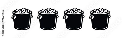 Ice bucket icons set. Beverage cooler with ice cubes silhouette and outline symbol collection.